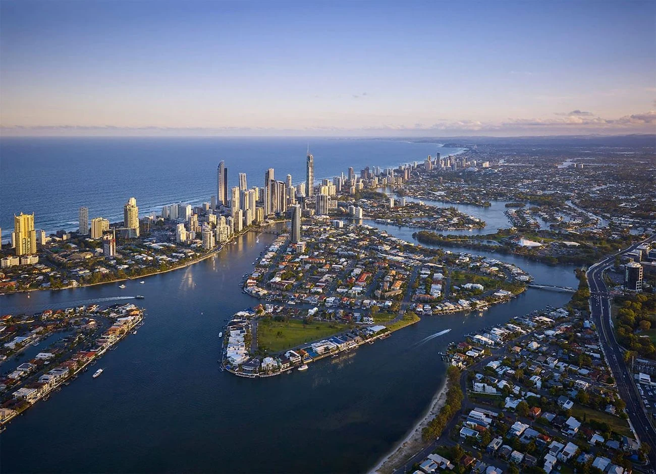 Aerial view of Chevron Island, canals and Surfers Paradise