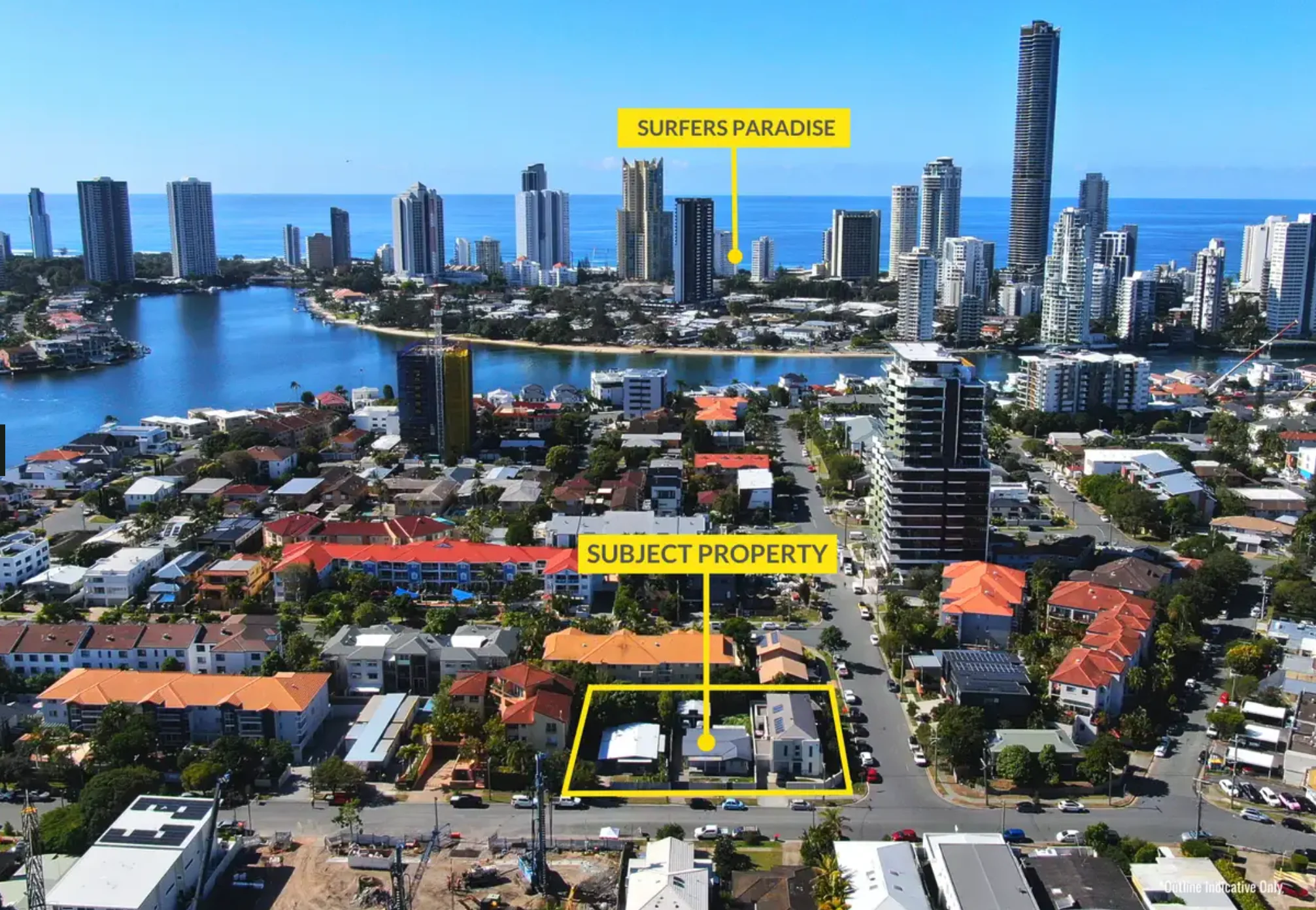 Aerial showing the Chevron Gold site in relation to Surfers Paradise