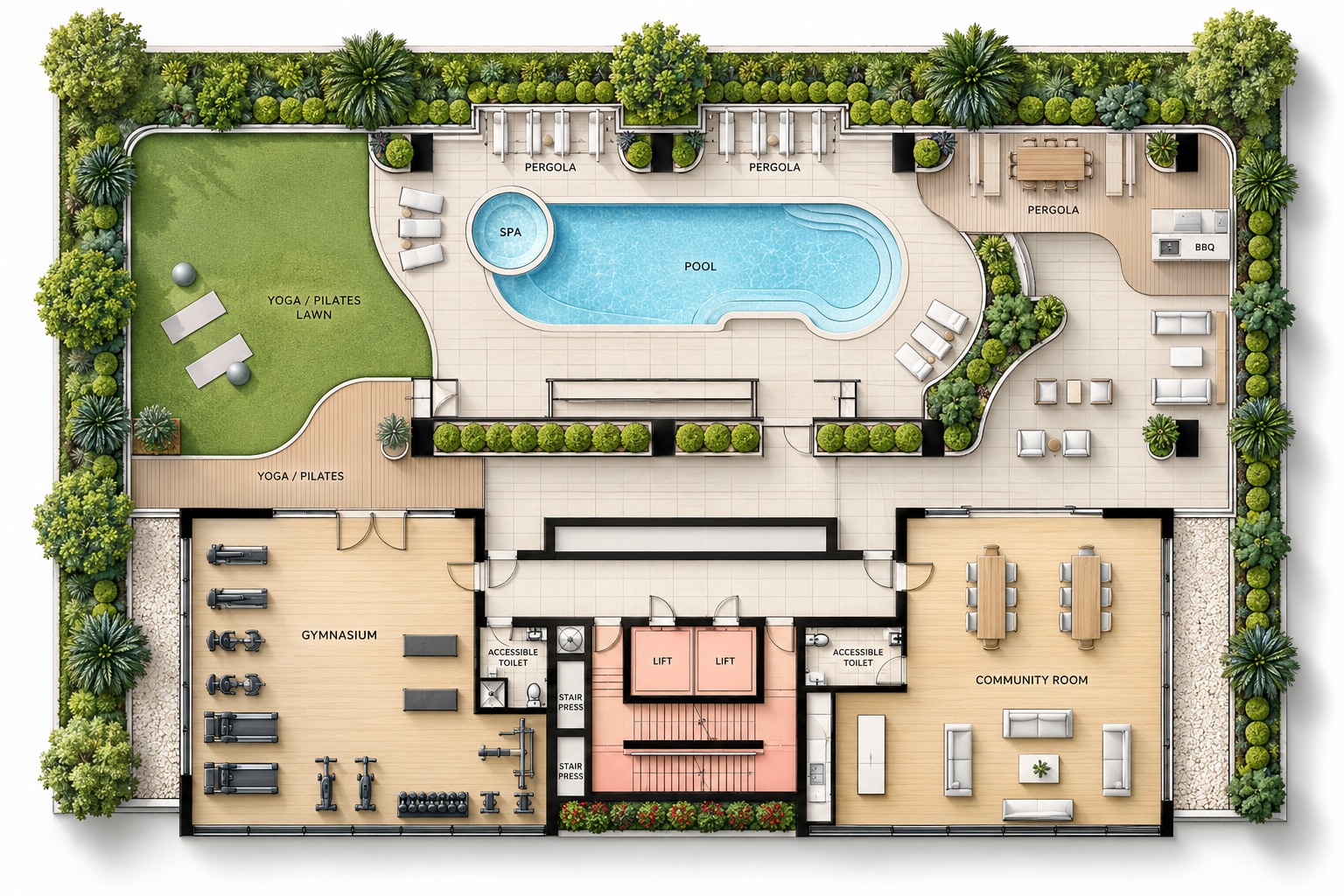 Landscape plan showing Chevron Gold pool, spa, gym and community lounge